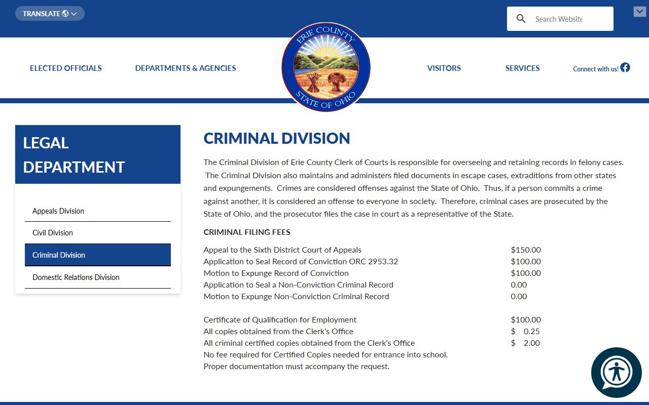 Erie County Clerk Criminal Division page with copy fee information