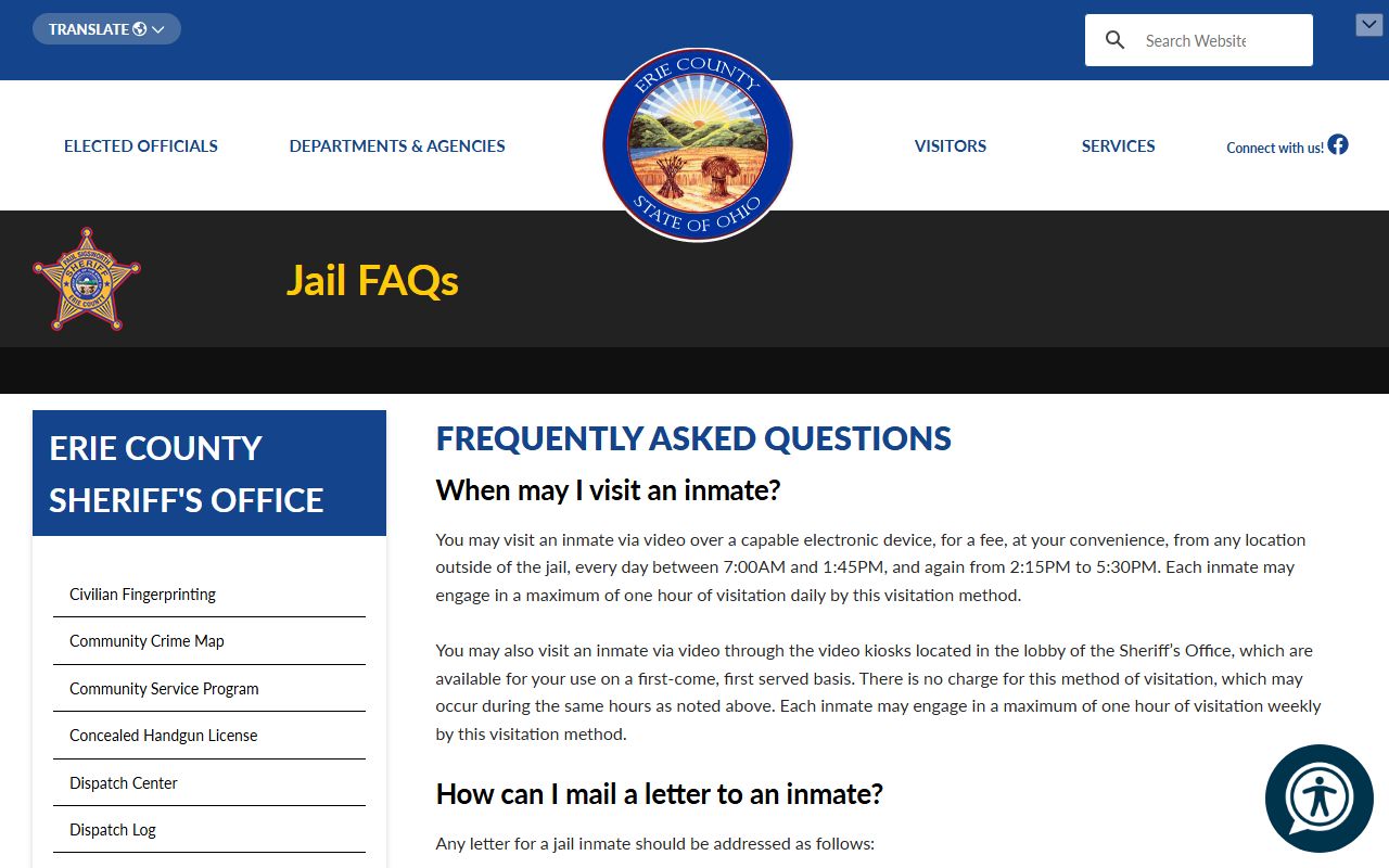Erie County Jail FAQ showing visitation mail bond and phone information