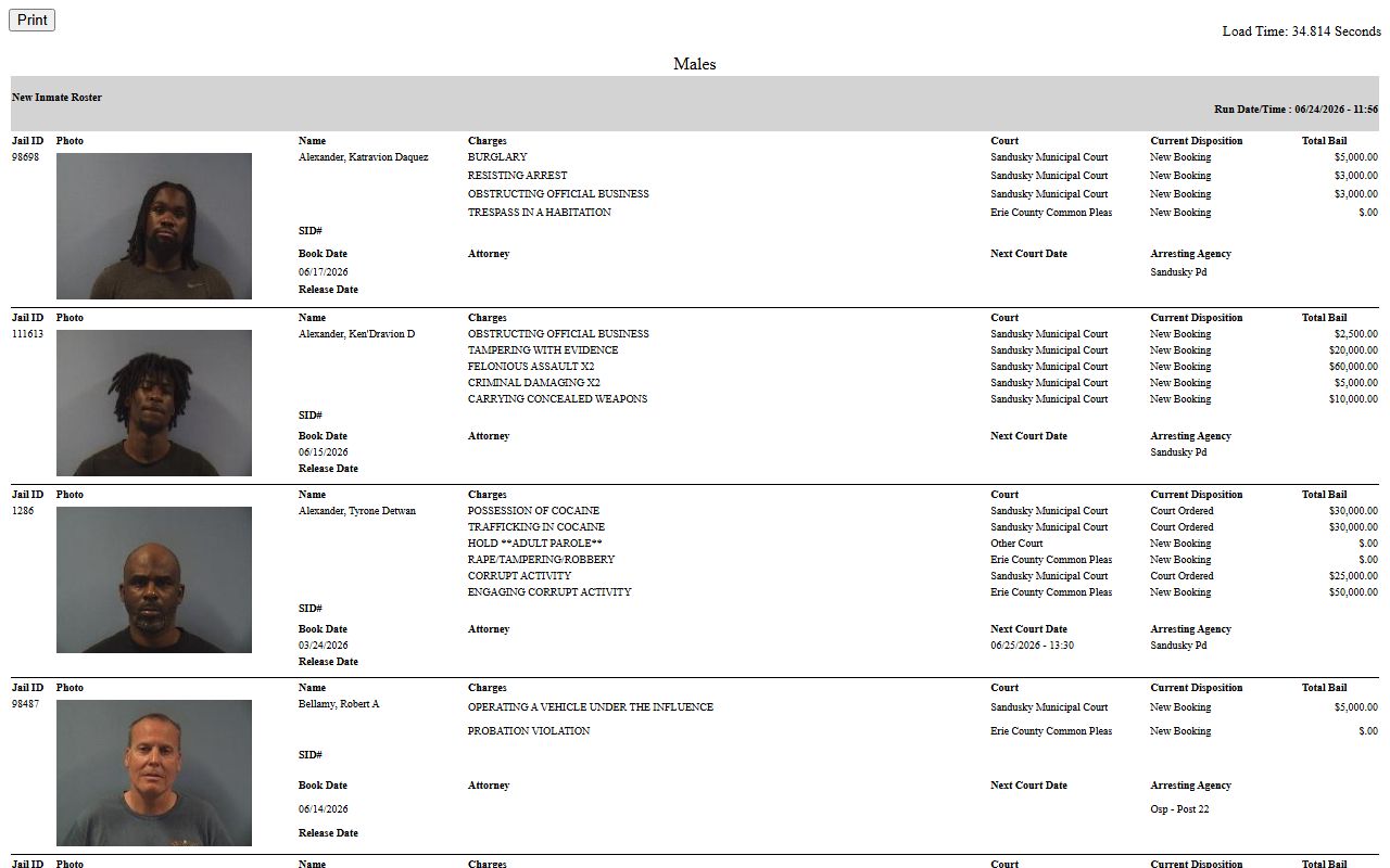 Erie County Jail roster showing current inmates and roster fields