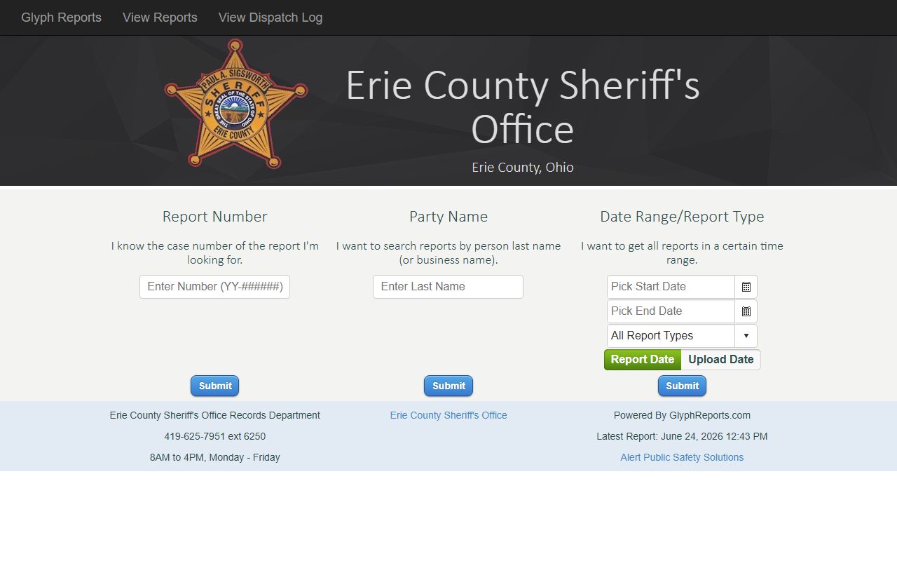 Erie County Sheriff Glyph Reports search page