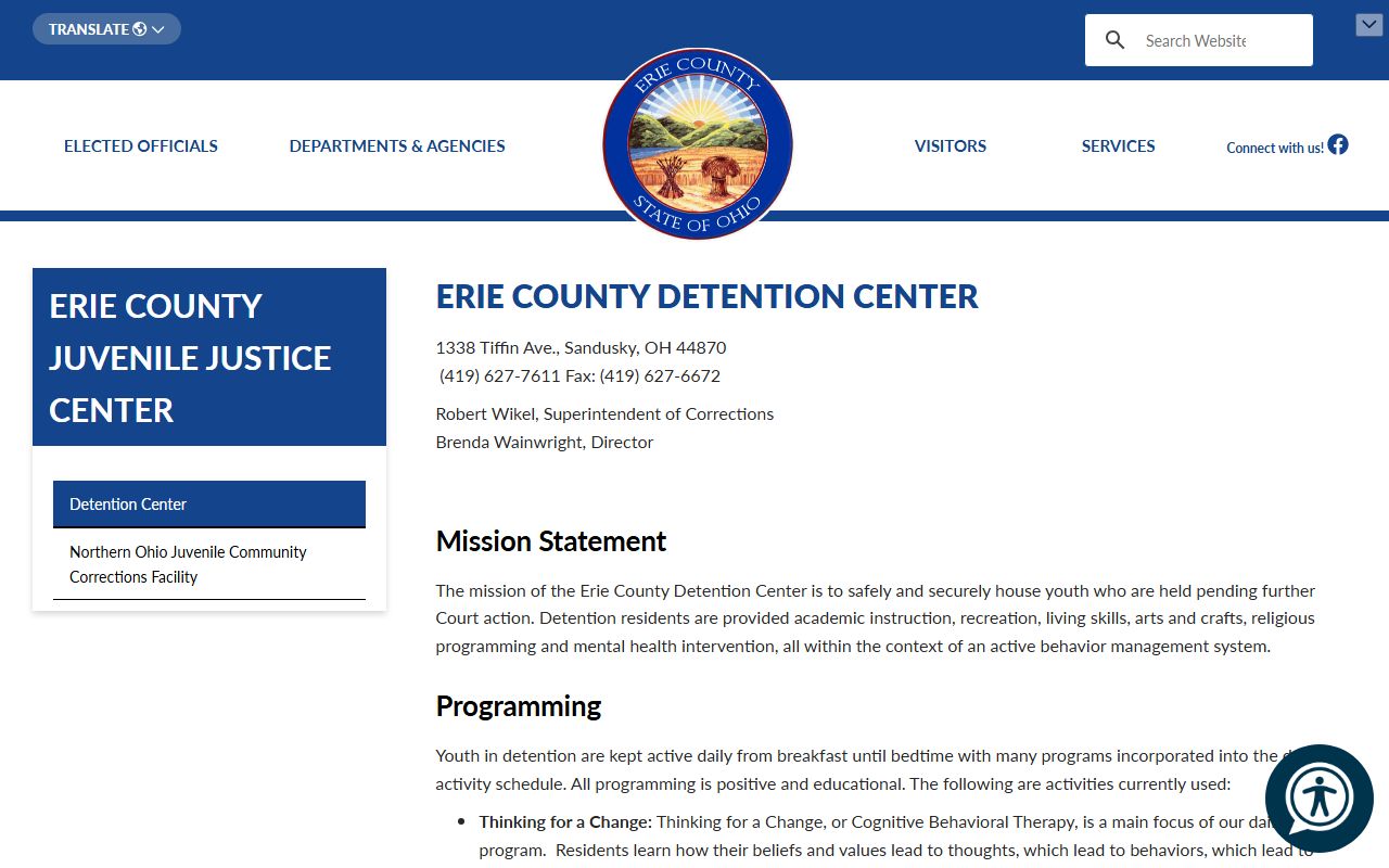 Erie County Detention Center official page with Tiffin Avenue contact information